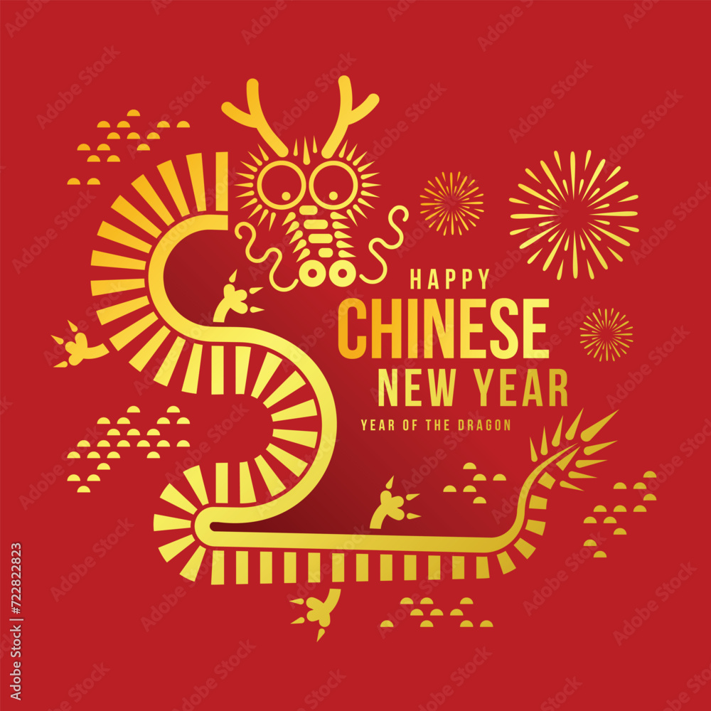 Happy chinese new year, year of the dragon - Text and Abstract modern gold dragon rolling and waving around on red background vector design