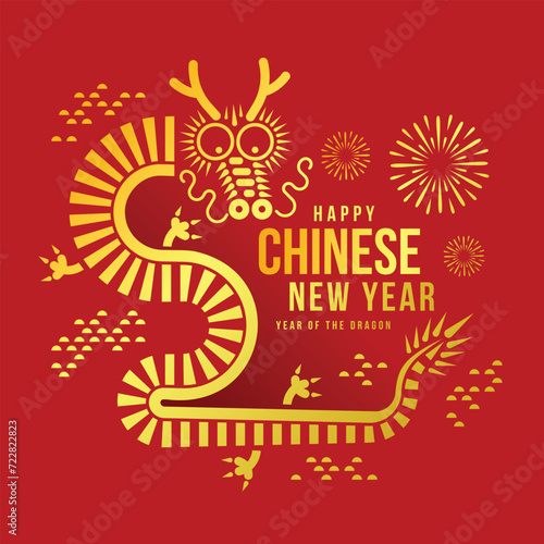 Happy chinese new year  year of the dragon - Text and Abstract modern gold dragon rolling and waving around on red background vector design
