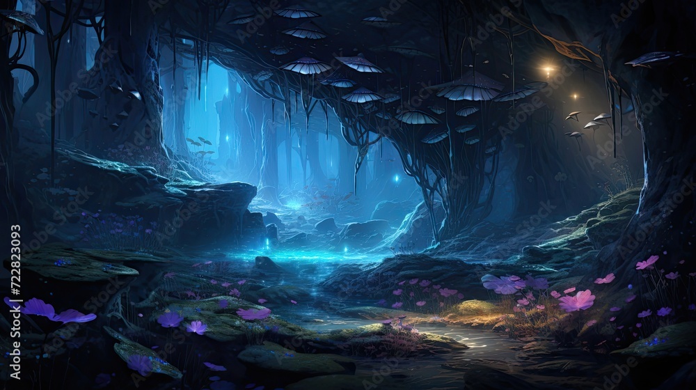 Hidden splendor, glowing fungi, underground oasis, ethereal luminescence, mystical atmosphere, natural allure. Generated by AI. Hidden splendor, glowing fungi, underground oasis, ethereal luminescence, mystical atmosphere, natural allure. Generated by AI.