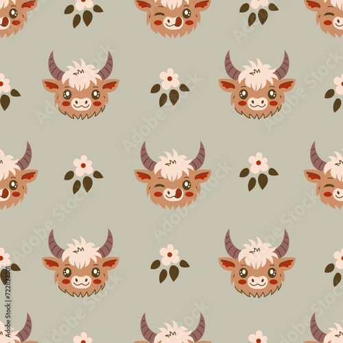 Highland cow and flowers seamless pattern. Cute childish background with happy cattle head and nature elements. Modern pastel colored design for fabric, textile, kids, farm, greeting card