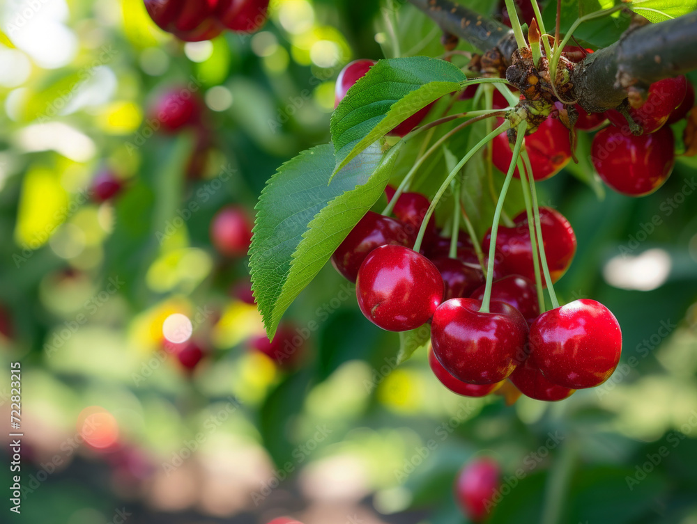 A bunch of red cherries hanging on the tree. A bunch of red cherries hanging on the tree.
