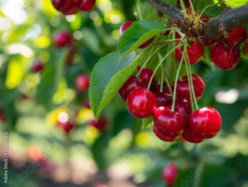A bunch of red cherries hanging on the tree.