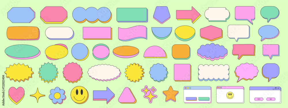 Cool Y2k Sticker Geometric Shapes. Vector Pop Art Elements. Trendy Vaporwave Graphics. Groovy Patches.