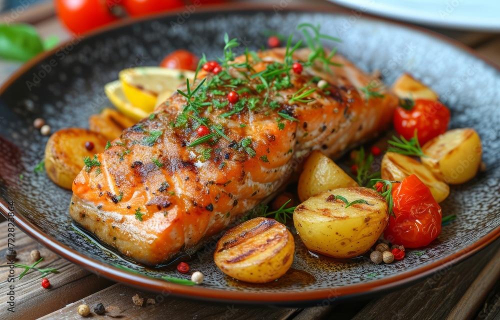 Fried salmon steak with potatoes and vegetables Fried salmon steak with potatoes and vegetables