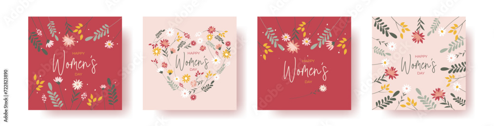 Set of 4 square greeting cards for international women's day with calligraphic hand written phrase. Women with flowers. Eight march. Hand drawn flat vector illustration Set of 4 square greeting cards for international women's day with calligraphic hand written phrase. Women with flowers. Eight march. Hand drawn flat vector illustration