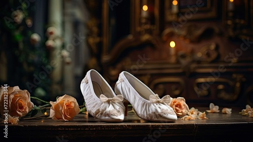 Dainty ballet slippers arranged on a stage. Elegant footwear, dance essentials, artistic presentation. Generated by AI.