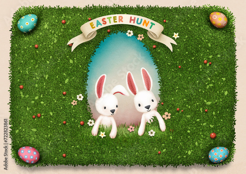 Greeting card or poster or invitation with green frame with bunny, Easter egg in the cart for holiday  Easter . 