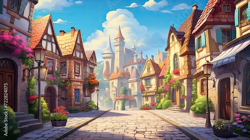 A serene town featuring meandering cobblestone streets. Charming village, winding pathways, historic cobblestone roads. Generated by AI.