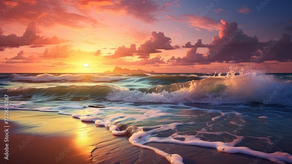 Nature's beauty unfolds on a sandy beach at sunset, where gentle waves create a calming rhythm while washing ashore. Sunset beach, gentle waves, tranquil coastline, sandy coast. Generated by AI. - obrazy, fototapety, plakaty 