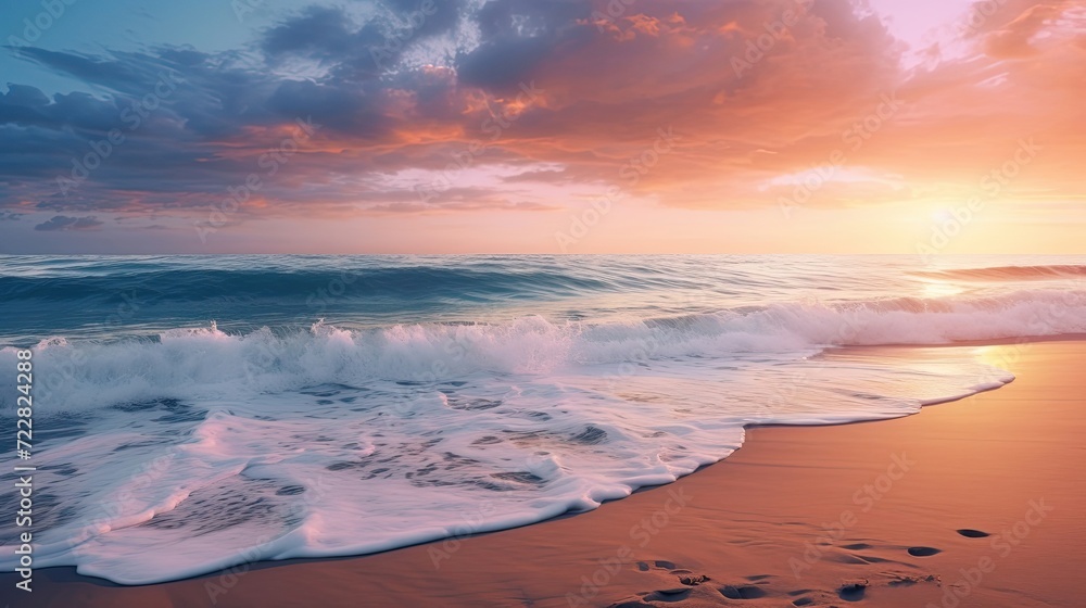 A serene sunset paints the sky over a sandy beach, where the gentle waves create a peaceful melody while washing ashore. Sunset beach, gentle waves, tranquil seascape, sandy shore. Generated by AI. - obrazy, fototapety, plakaty 