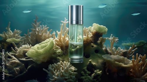Skincare product displayed on vibrant coral reef underwater. Eco-friendly beauty products. © Postproduction