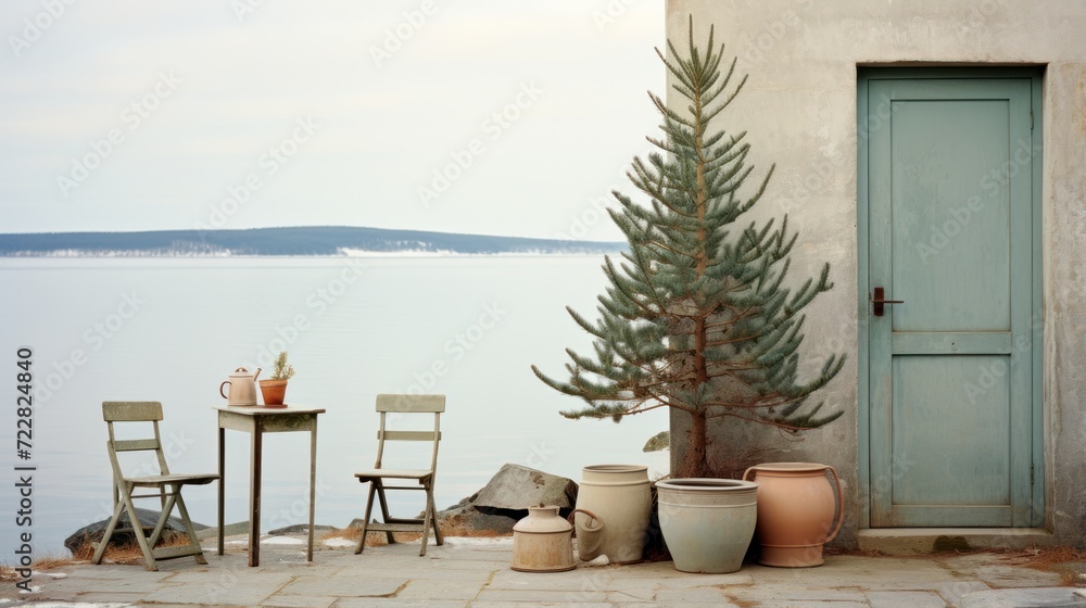 Fototapeta premium Spruces washed beton a lake garden furniture garden UHD wallpaper