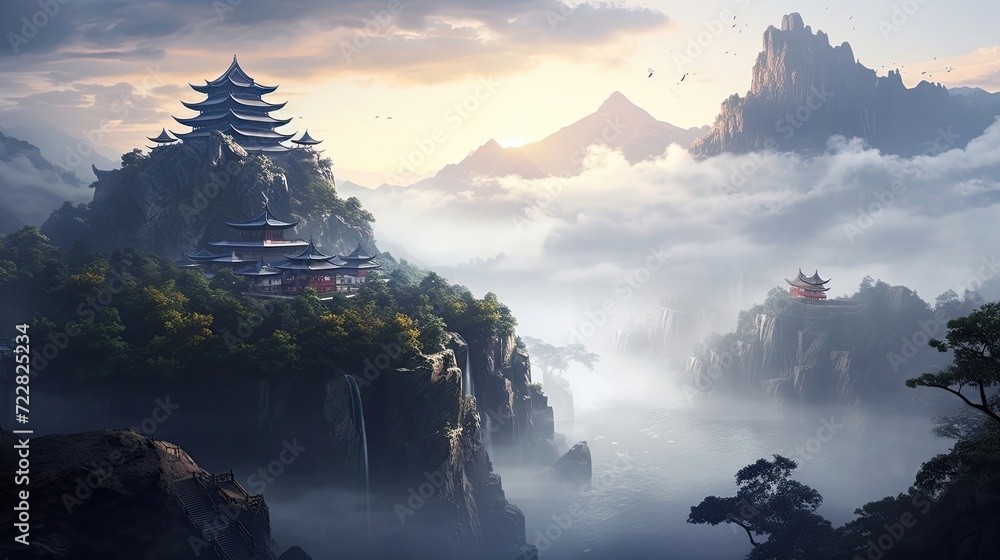 A serene temple perched atop a misty mountain, peaceful morning mist, spiritual haven, tranquil scenery, mist-covered peaks, serene atmosphere, mystical temple, tranquil dawn. Generated by AI. - obrazy, fototapety, plakaty 