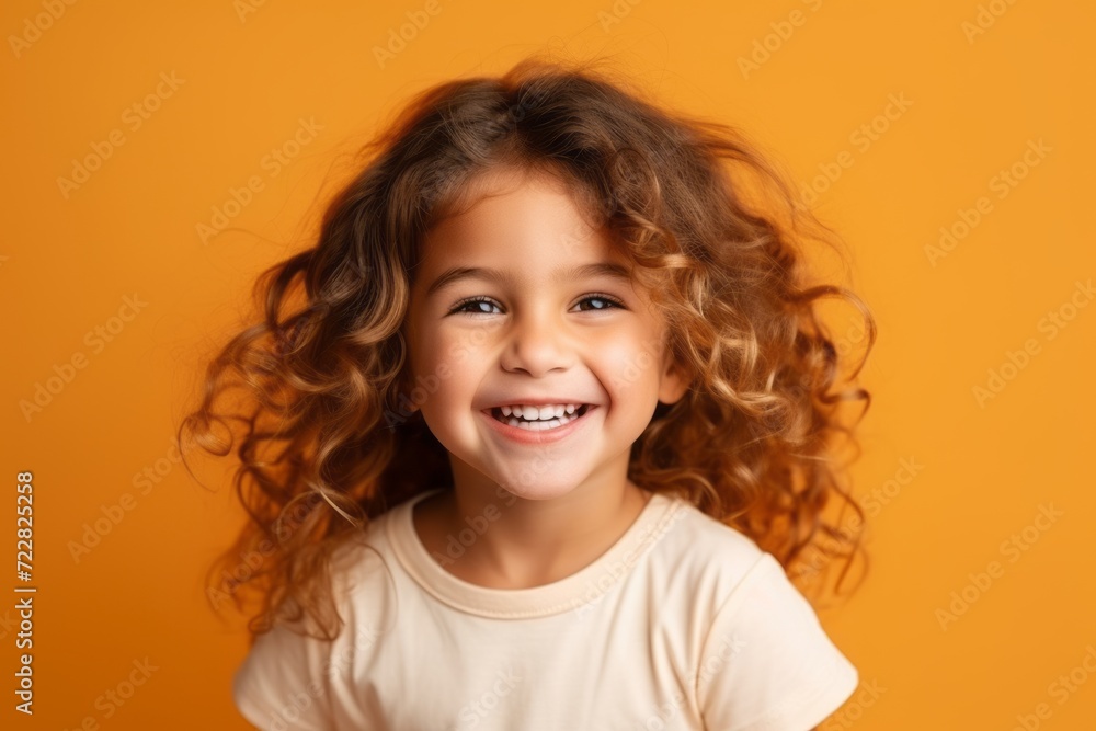 Portrait of a smiling little girl with curly hair over yellow background Portrait of a smiling little girl with curly hair over yellow background