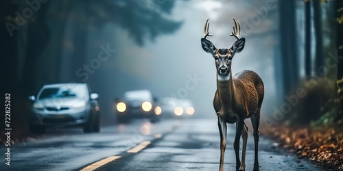 a deer standing in the middle of the road near a car,