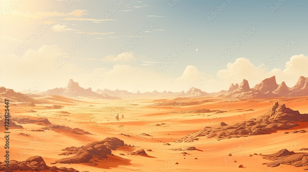 Naklejka premium A solitary desert landscape with endless sand dunes under the vast expanse of the sky, a serene portrayal of untouched beauty and boundless horizons. Generated by AI.