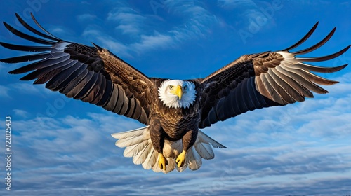 The grandeur of a bald eagle in flight against a backdrop of clear blue sky  a symbol of freedom  strength  and the unyielding beauty of the skies. Generated by AI.