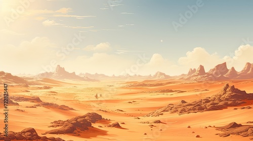 A solitary desert landscape with endless sand dunes under the vast expanse of the sky, a serene portrayal of untouched beauty and boundless horizons. Generated by AI.