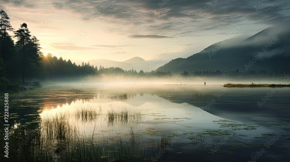Tranquil lake at dawn, where mist gently rises from the still waters, creating an ethereal and peaceful ambiance. Dawn tranquility, misty lake, serene waters. Generated by AI. - obrazy, fototapety, plakaty 