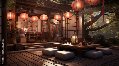 Traditional teahouse adorned with tatami mats and delicate paper lanterns. Authentic, tranquil, culture, serene ambiance, minimalist, calming, elegant. Generated by AI. photo