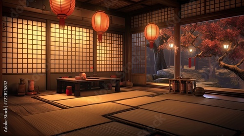 Traditional teahouse with tatami mats and the gentle glow of paper lanterns. Authentic, tranquil, elegance, calming ambiance. Generated by AI. photo