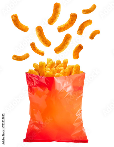 Puffed corn snacks cheesy chips fly out of plastic snack bags isolated on white background, Puff corn or Corn puffs cheese flavor on white PNG File. 