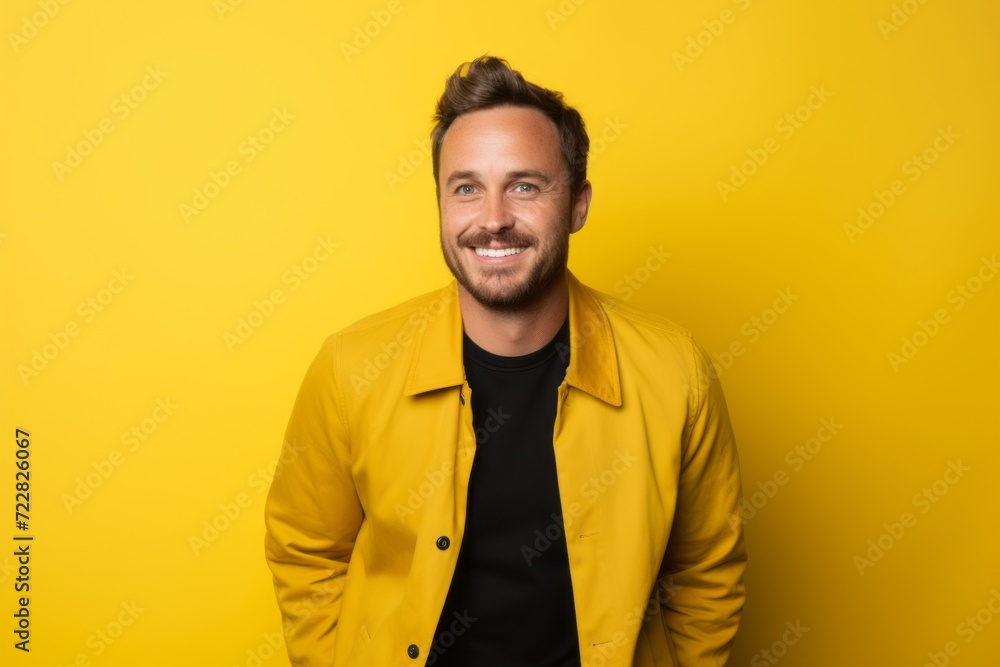 Portrait of a happy young man in yellow jacket on yellow background Portrait of a happy young man in yellow jacket on yellow background
