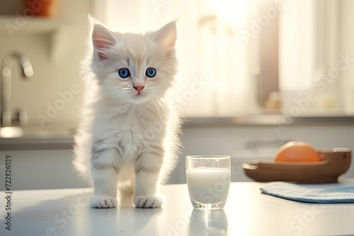 An adorable little white kitten drinking milk from a glass on a table.