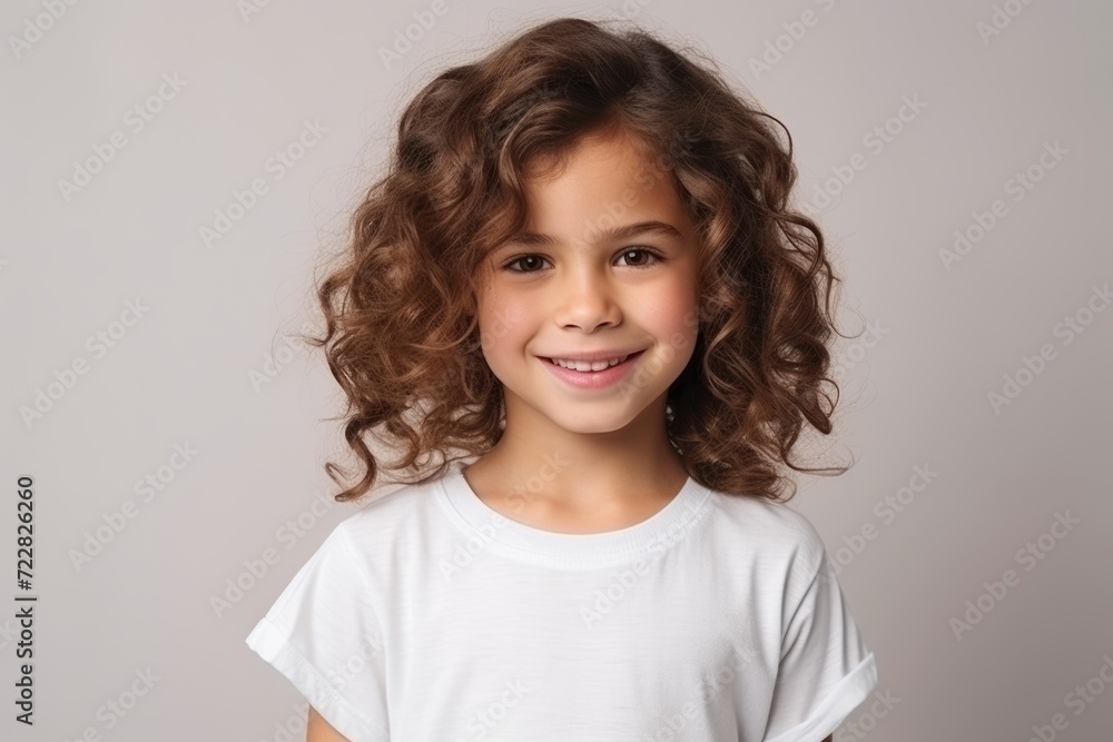 Portrait of a cute little girl with curly hair on gray background Portrait of a cute little girl with curly hair on gray background
