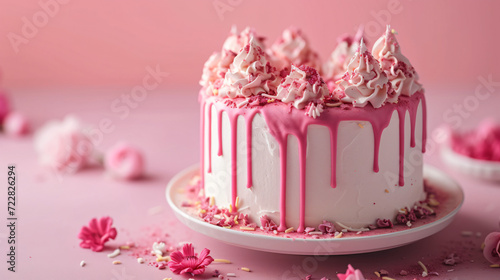 Studio shot of pink birthday cake