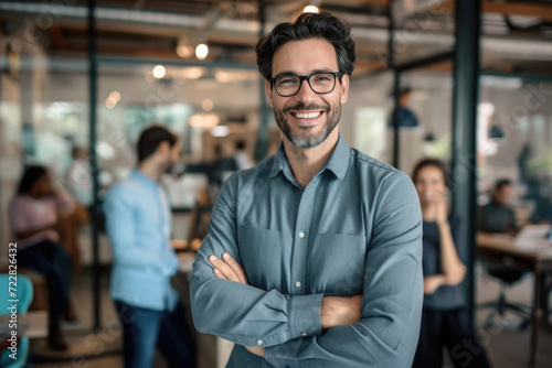 Corporate Seminar Concept. Image of a cheerful professional man, confidently smiling at the camera amidst a contemporary office setting and engaged coworkers. Generated AI © ActionGP