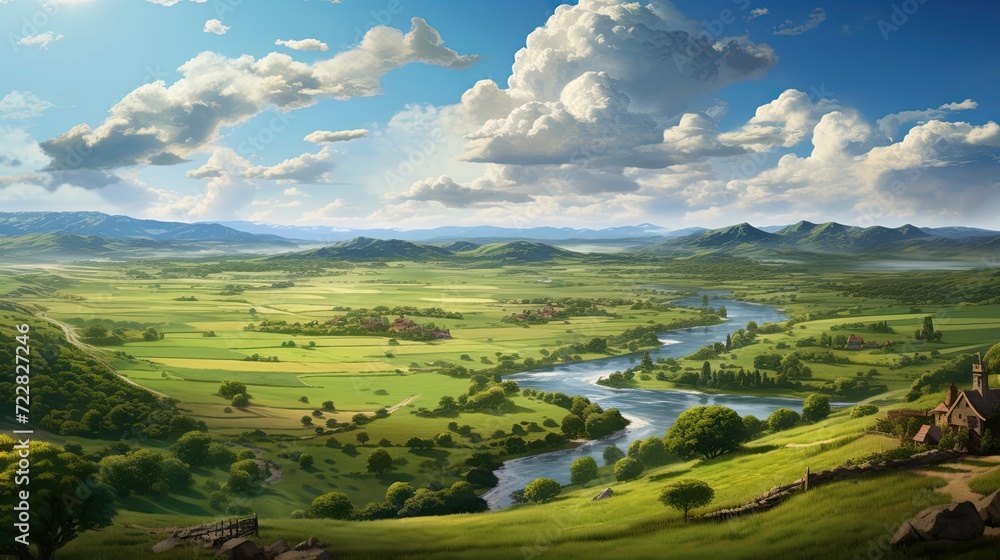 River, a pastoral retreat resonating with rustic charm and the peaceful tranquility of rural seclusion. Serene retreat, rolling fields, winding river, rustic charm, rural seclusion. Generated by AI.