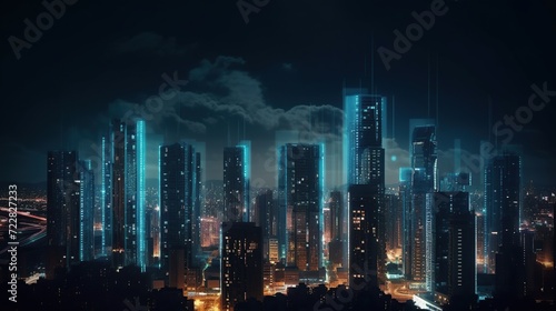 Panoramic view of futuristic city skyline with high buildings at night © Beny