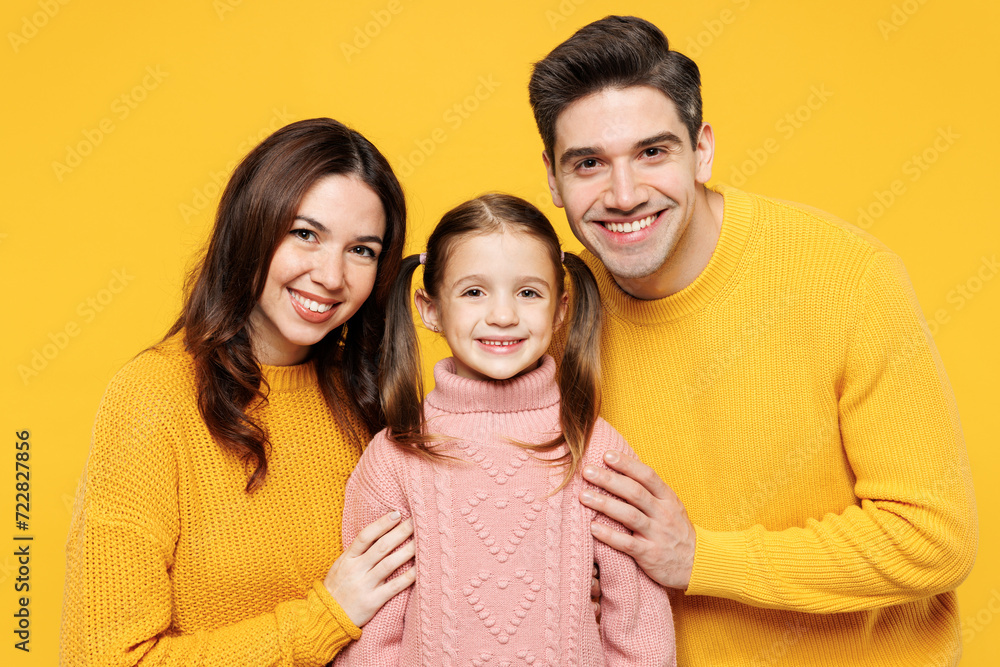 Close up young fun adorable happy parents mom dad with child girl 7-8 years old wear pink knitted sweater casual clothes hug kid looking camera isolated on plain yellow background. Family day concept. Close up young fun adorable happy parents mom dad with child girl 7-8 years old wear pink knitted sweater casual clothes hug kid looking camera isolated on plain yellow background. Family day concept.