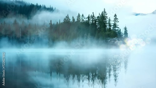 Rolling Fog Over Calm Lake in Whistler, Canada photo
