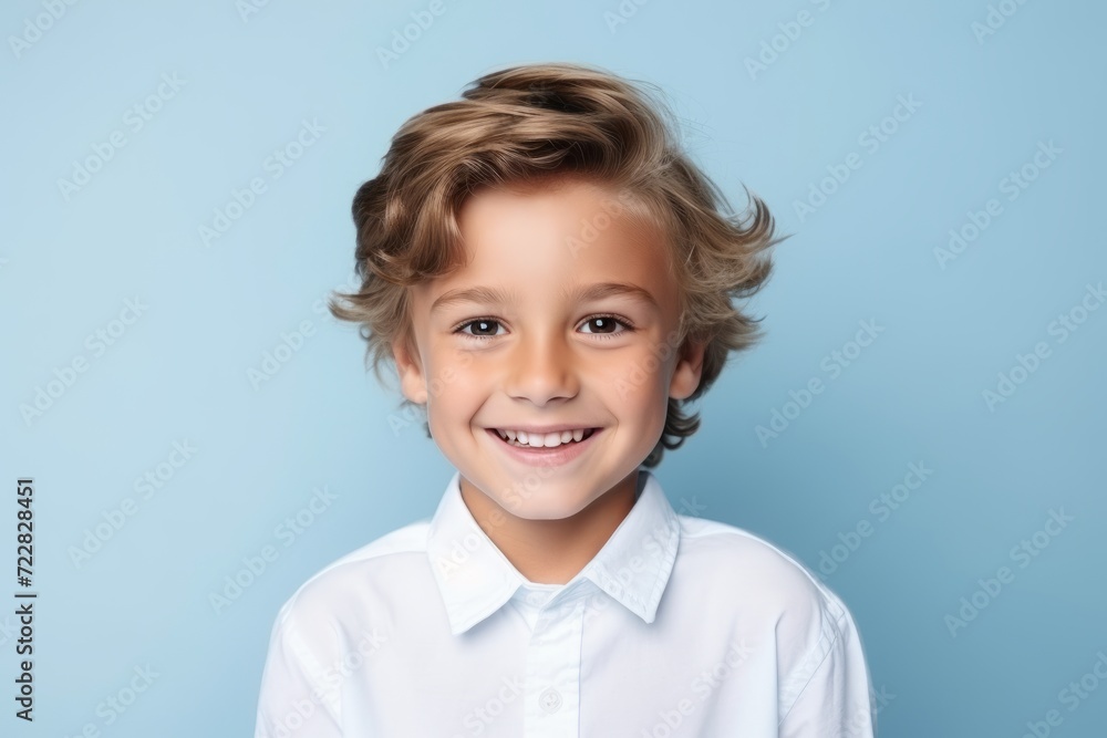 Portrait of a smiling little boy in a white shirt on a blue background Portrait of a smiling little boy in a white shirt on a blue background