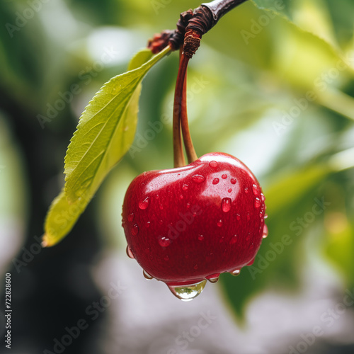 close-up of a fresh ripe cherry hang on branch tree. autumn farm harvest and urban gardening concept with natural green foliage garden at the background. selective focus