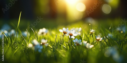 Beautiful summer natural background with green grass and white flower and sunlight banner background