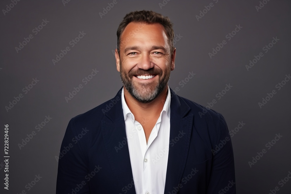 Confident mature business man looking at camera and smiling while standing against grey background Confident mature business man looking at camera and smiling while standing against grey background