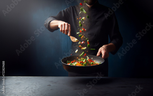 Cooking pan and chef cooking, dark tones