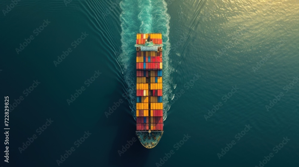  a container ship navigating through calm waters, carrying a diverse array of cargo containers, showcasing the global nature of trade