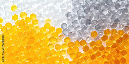  3d yellow white tiny plastic cylindrical grains , yellow white plastic polymer pellets,polymer for pipes, Plastic and polymer industry,yellow white PVC granulate.Microplastic products.