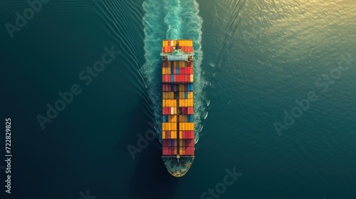  a container ship navigating through calm waters, carrying a diverse array of cargo containers, showcasing the global nature of trade