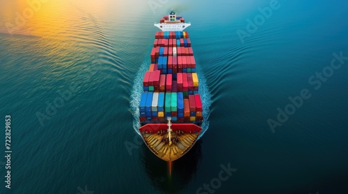  a container ship navigating through calm waters, carrying a diverse array of cargo containers, showcasing the global nature of trade