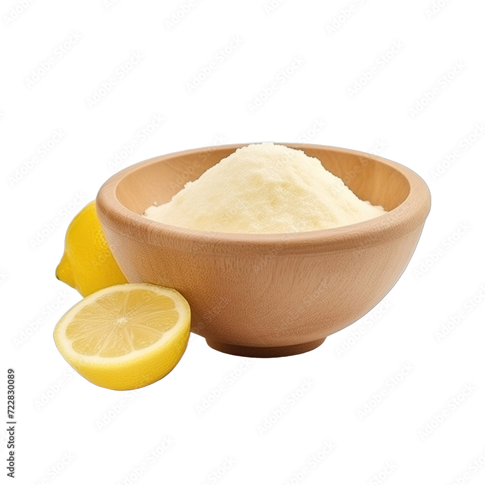 pile of finely dry organic fresh raw lemon juice powder in wooden bowl png isolated on white background. bright colored of herbal, spice or seasoning recipes clipping path. selective focus