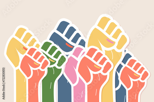 Hands with fists stickers group. Power movement symbol. Strong hands together. Vector flat illustration