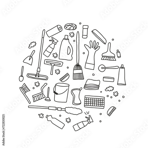 Cleaning tools in round composition. Vector set of cleaning equipment isolated on white background. Collection of housekeeping symbols in doodle style.