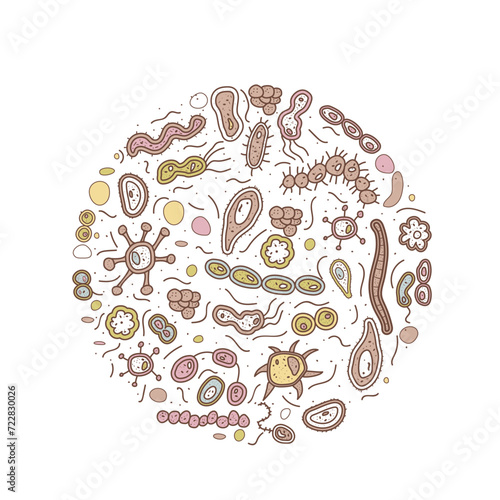 Cells doodle style circle composition isolated on white background. Microorganism round color badge. Vector illustration