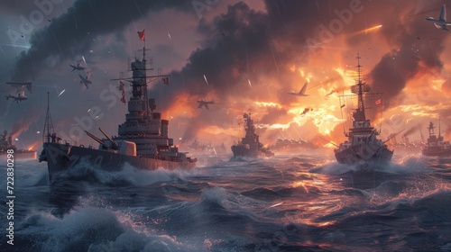  a powerful naval defense force engaging in a sea battle, emphasizing the strength and resilience of the defenders