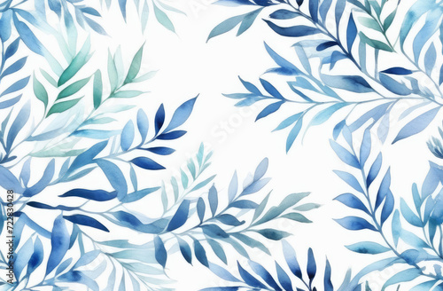 watercolor texture of blue leaves on white background